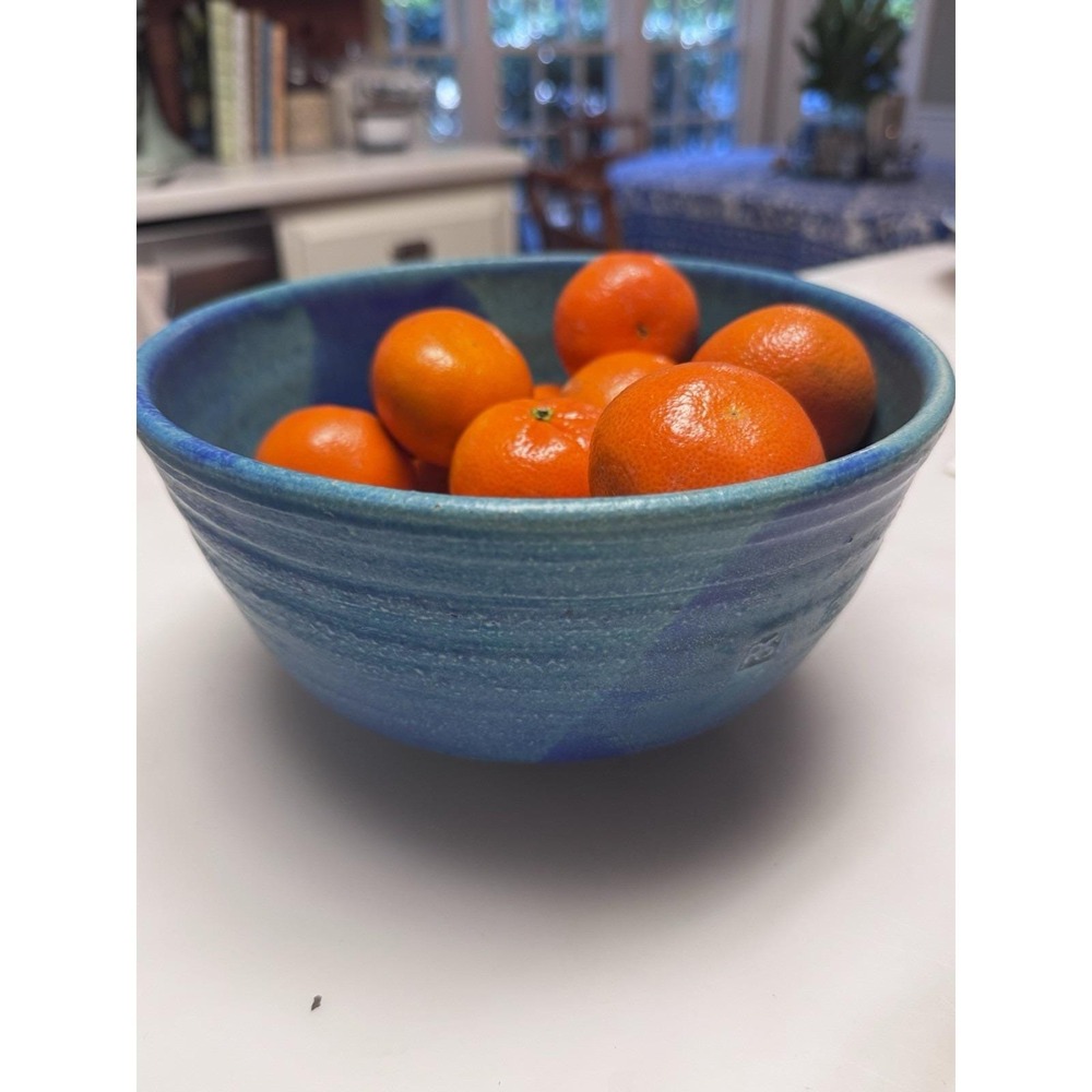 Vintage Handmade Earthenware Serving Bowl In Aqua And Blue 8.5 In‎